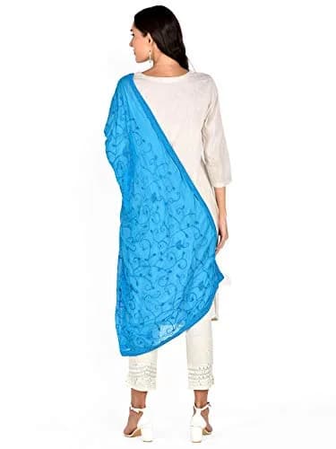 DUPATTA BAZAAR Turquoise Blue Embroidered Chiffon Dupatta 240cm (8ft) | Aari Work Ethnic Fashion thumbnail 3
