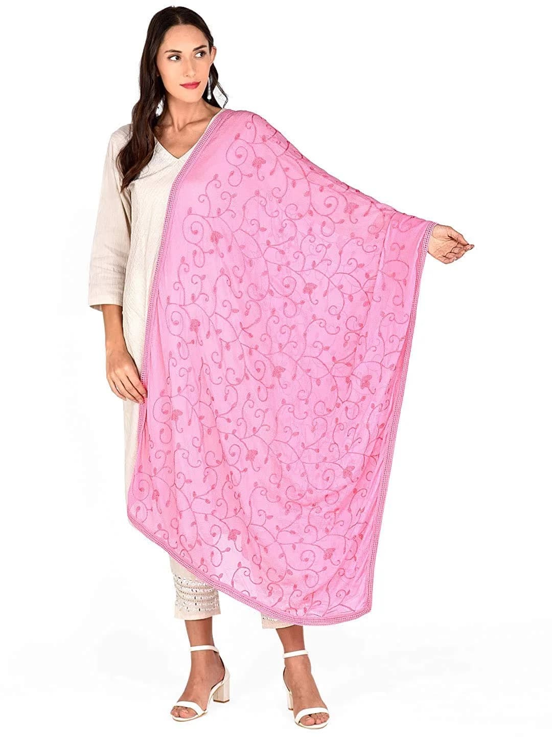 DUPATTA BAZAAR Embroidered Chiffon Dupatta 240cm (7.87ft) | Soft Regal Baby Pink — Baby Pink