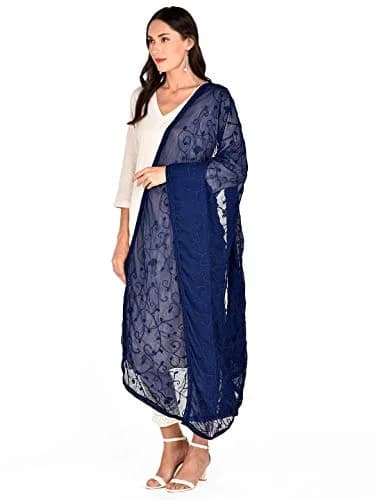 DUPATTA BAZAAR Navy Blue Embroidered Chiffon Dupatta 240cm x 100cm | Aari Work Ethnic & Western Styles thumbnail 2