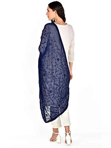DUPATTA BAZAAR Navy Blue Embroidered Chiffon Dupatta 240cm x 100cm | Aari Work Ethnic & Western Styles thumbnail 3