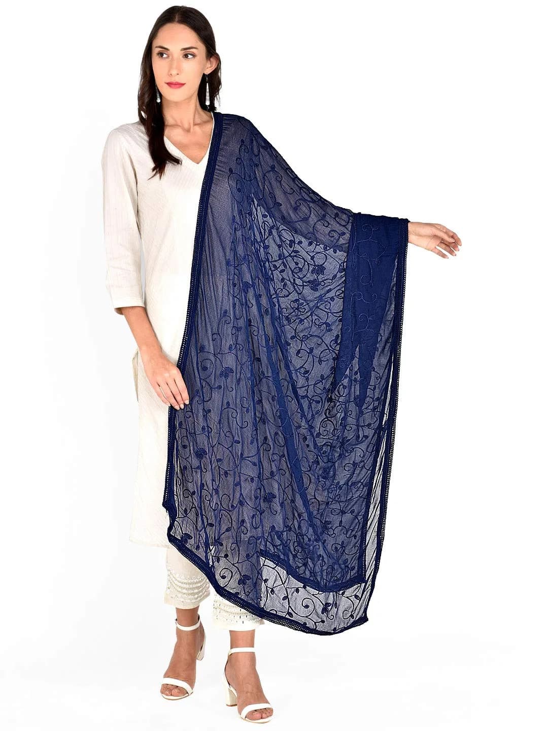 DUPATTA BAZAAR Navy Blue Embroidered Chiffon Dupatta 240cm x 100cm | Aari Work Ethnic & Western Styles - main product image