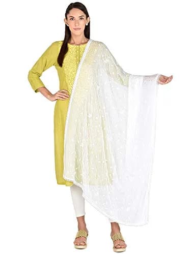 DUPATTA BAZAAR Women's White Embroidered Chiffon Dupatta 2.4m (8ft) | Aari Work Elegance for Indian Outfits thumbnail 1