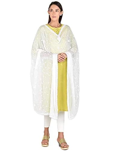 DUPATTA BAZAAR Women's White Embroidered Chiffon Dupatta 2.4m (8ft) | Aari Work Elegance for Indian Outfits thumbnail 3