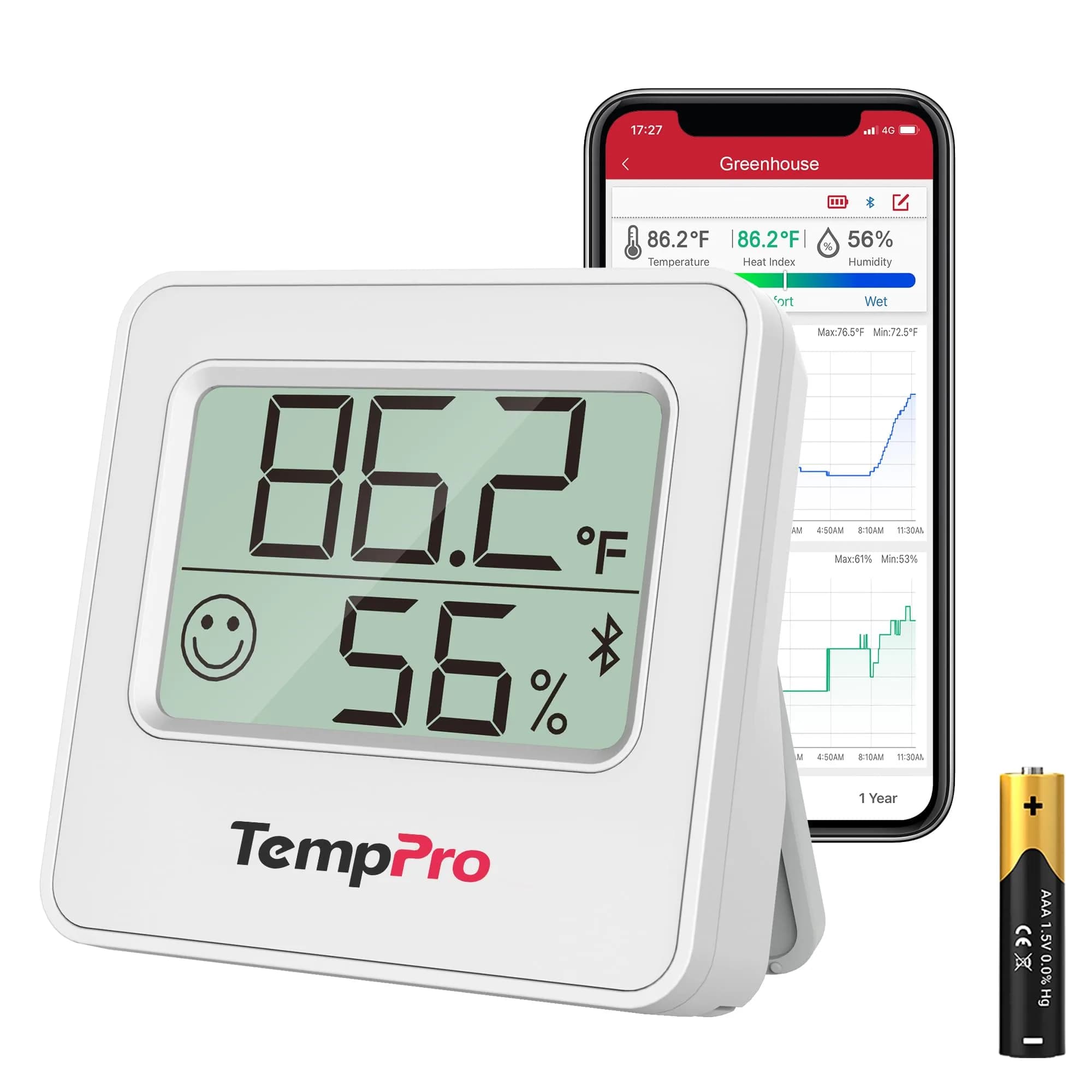TempPro Bluetooth Digital Hygrometer Thermometer 260ft Range | Monitors Home Environment with Smart App Alerts — Bluetooth Thermometer