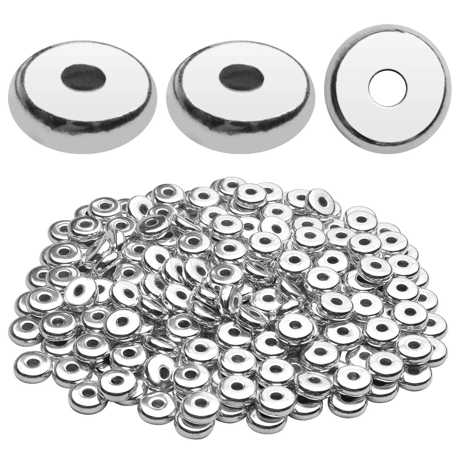 BronaGrand 8mm Flat Round Rondelle Spacer Beads Disc Spacers 200pcs (6.6g) | Silver Metal Alloy for DIY Jewelry