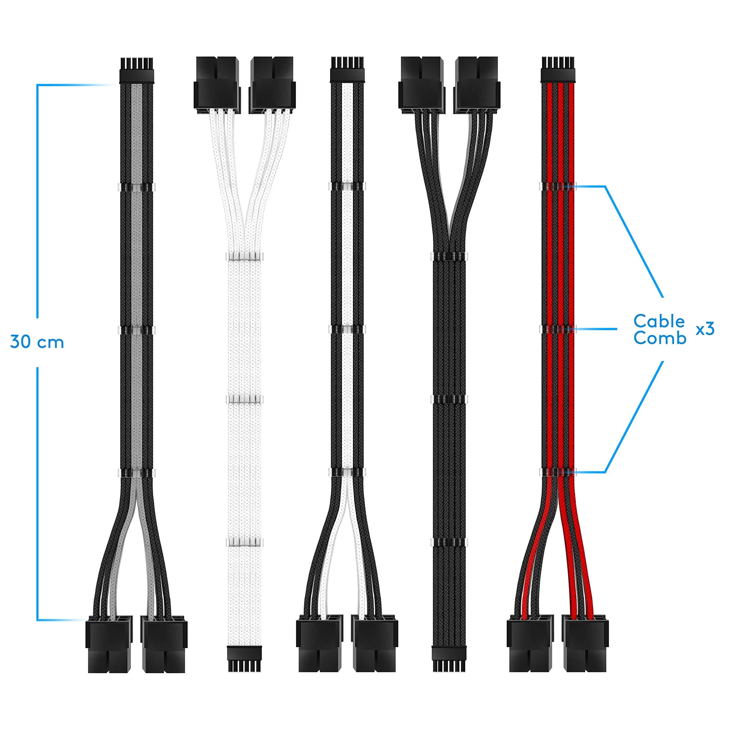EZDIY-FAB White RTX 3000 Series 12 Pin to Dual 8 Pin PCIe Sleeved Extension Cable 30cm | UL1007 18AWG Wire - view 7