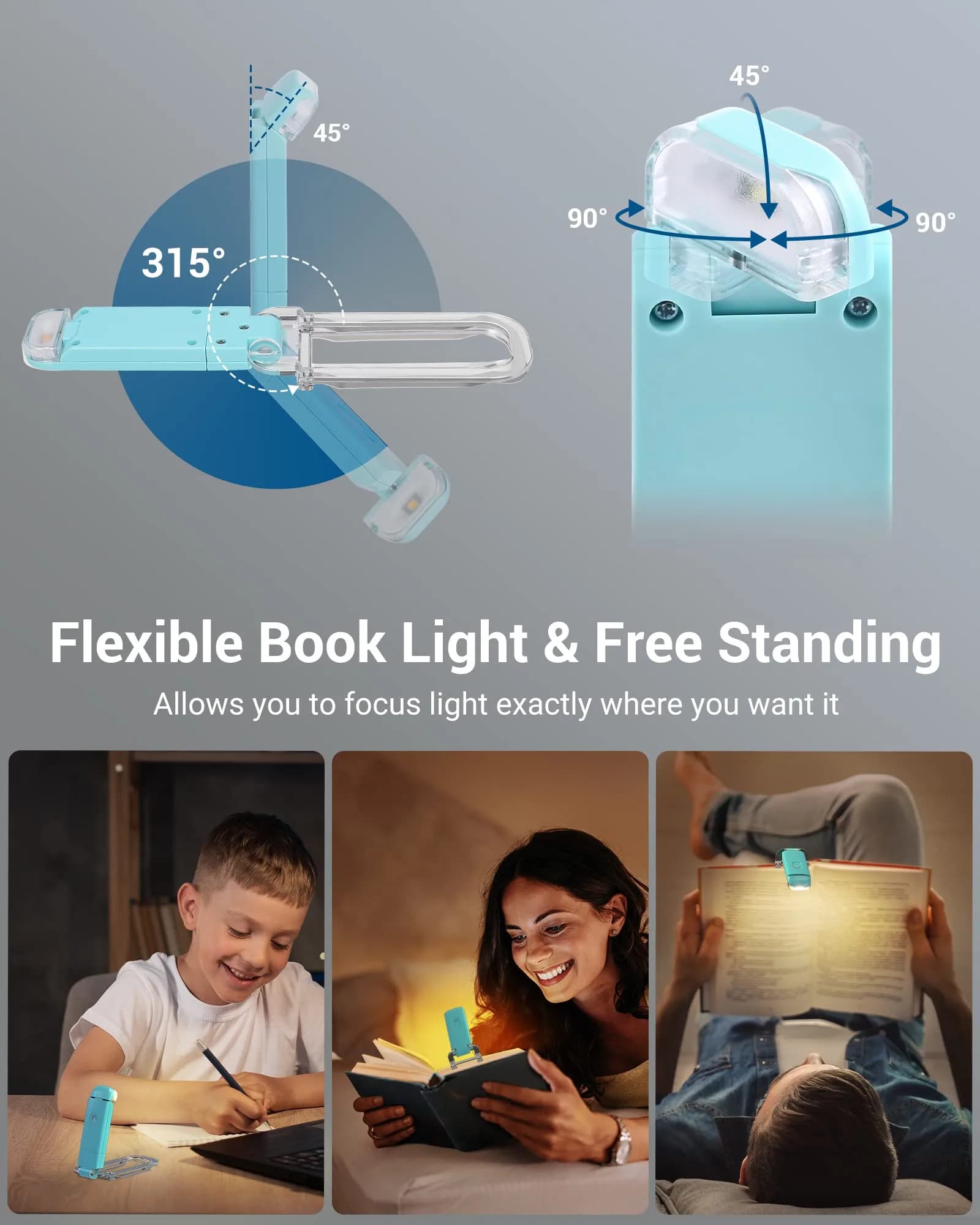 DEWENWILS Clip-On Book Reading Light with USB Rechargeable Battery, Blue | Adjustable Brightness & Color Temperature - view 4