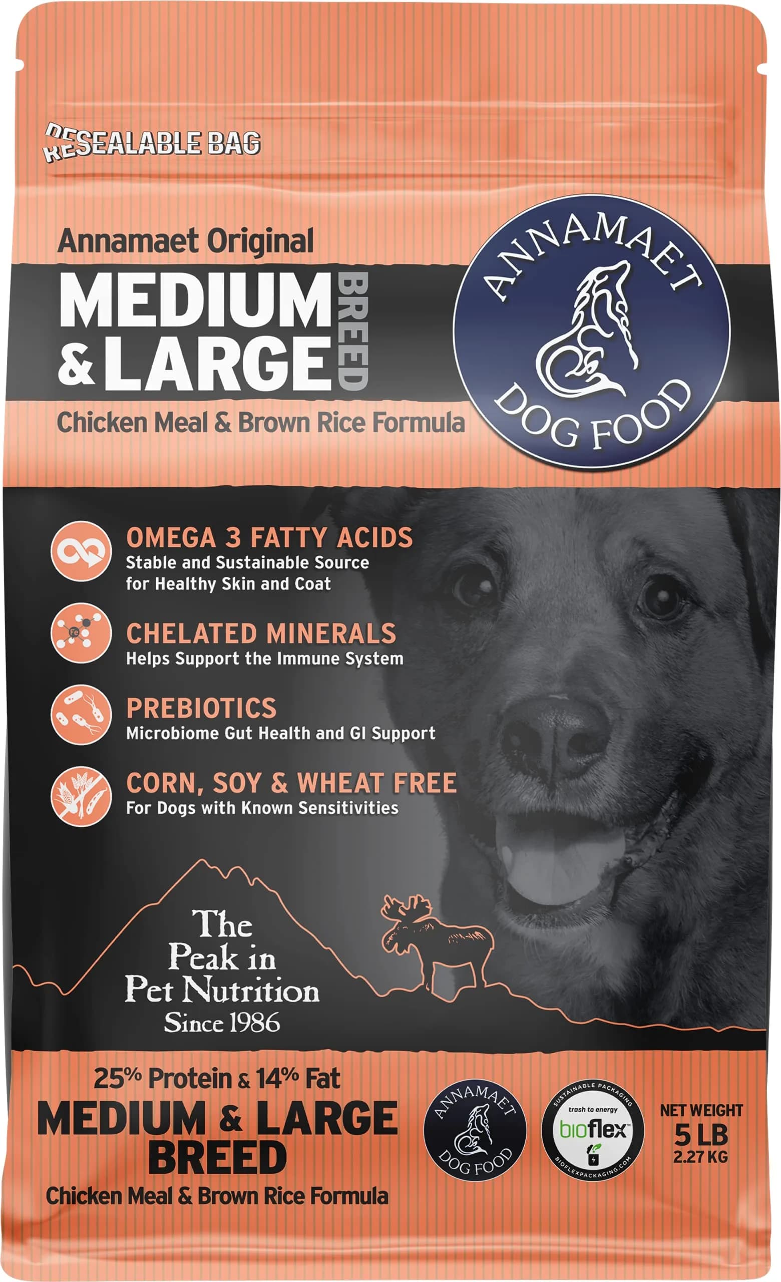Annamaet Original Medium and Large Breed Formula Dry Dog Food 5 lb. Bag | 25% Protein with Chicken & Brown Rice