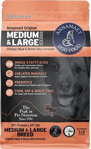 Annamaet Original Medium and Large Breed Formula Dry Dog Food 5 lb. Bag | 25% Protein with Chicken & Brown Rice thumbnail 1