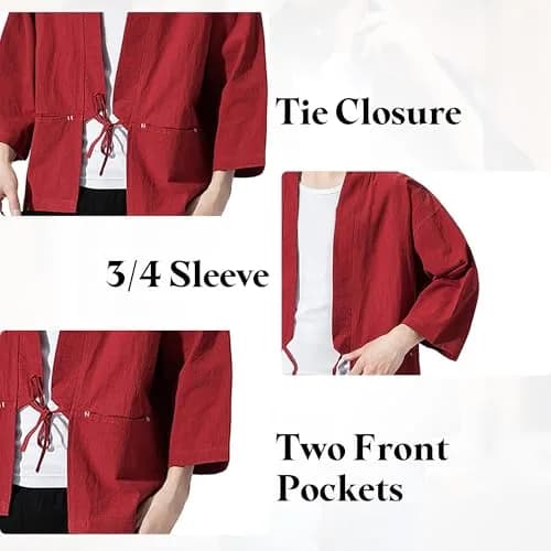 Haseil Men's Kimono Cardigan Japanese Jackets Casual Cotton 3/4 Sleeve | Lightweight Linen Outwear, Wine Red, M thumbnail 4