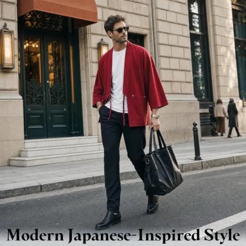 Haseil Men's Kimono Cardigan Japanese Jackets Casual Cotton 3/4 Sleeve | Lightweight Linen Outwear, Wine Red, M thumbnail 3