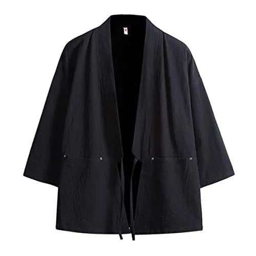 Haseil Men's Kimono Cardigan Japanese Jackets Casual Cotton 3/4 Sleeve Shirt Open Front Coat Lightweight Linen Outwear, Black, L | Traditional Japanese Style thumbnail 1