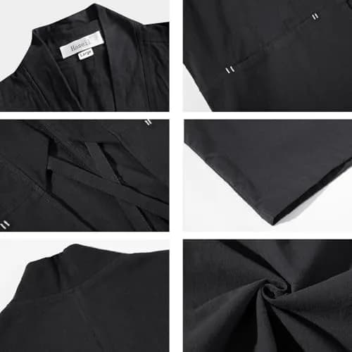 Haseil Men's Kimono Cardigan Japanese Jackets Casual Cotton 3/4 Sleeve Shirt Open Front Coat Lightweight Linen Outwear, Black, L | Traditional Japanese Style thumbnail 6