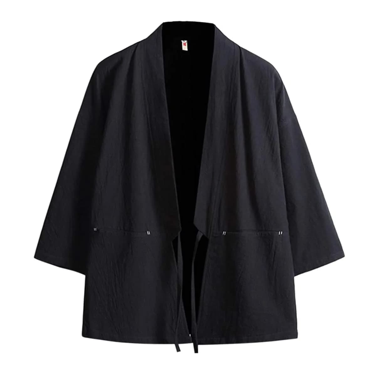 Haseil Men's Kimono Cardigan Japanese Jackets Casual Cotton 3/4 Sleeve Shirt Open Front Coat Lightweight Linen Outwear, Black, L | Traditional Japanese Style