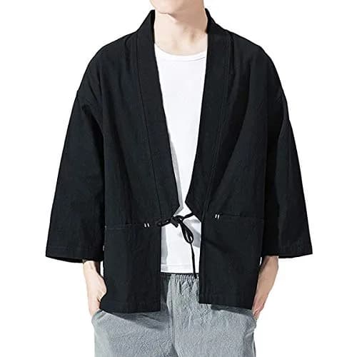 Haseil Men's Kimono Cardigan Japanese Jackets Casual Cotton 3/4 Sleeve Shirt Open Front Coat Lightweight Linen Outwear, Black, L | Traditional Japanese Style thumbnail 8