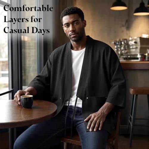Haseil Men's Kimono Cardigan Japanese Jackets Casual Cotton 3/4 Sleeve Shirt Open Front Coat Lightweight Linen Outwear, Black, L | Traditional Japanese Style thumbnail 2