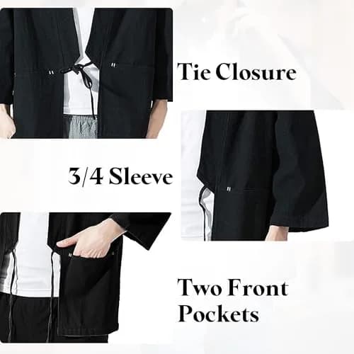 Haseil Men's Kimono Cardigan Japanese Jackets Casual Cotton 3/4 Sleeve Shirt Open Front Coat Lightweight Linen Outwear, Black, L | Traditional Japanese Style thumbnail 4