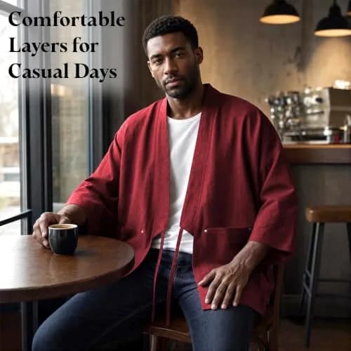 Haseil Men's Kimono Cardigan Japanese Jackets Casual Cotton 2XL | Lightweight Linen Outwear thumbnail 2