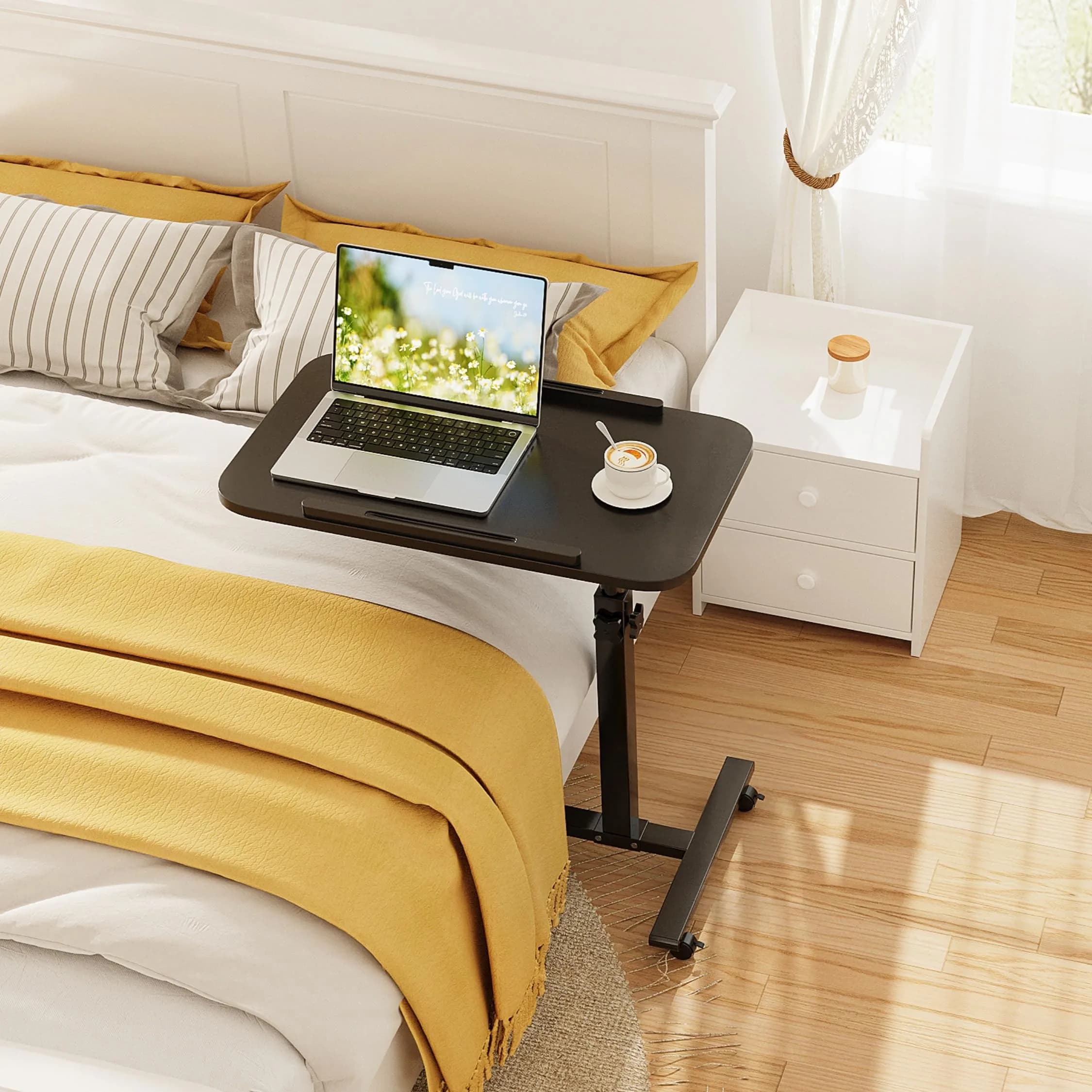 Furist Adjustable Overbed Table with Wheels | 92.7cm (36.5") Height, Tilting Surface - view 3