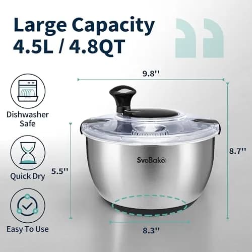 SveBake Stainless Steel Salad Spinner 4.8 Qt | Easy Clean Crank Design with Non-Slip Base thumbnail 3