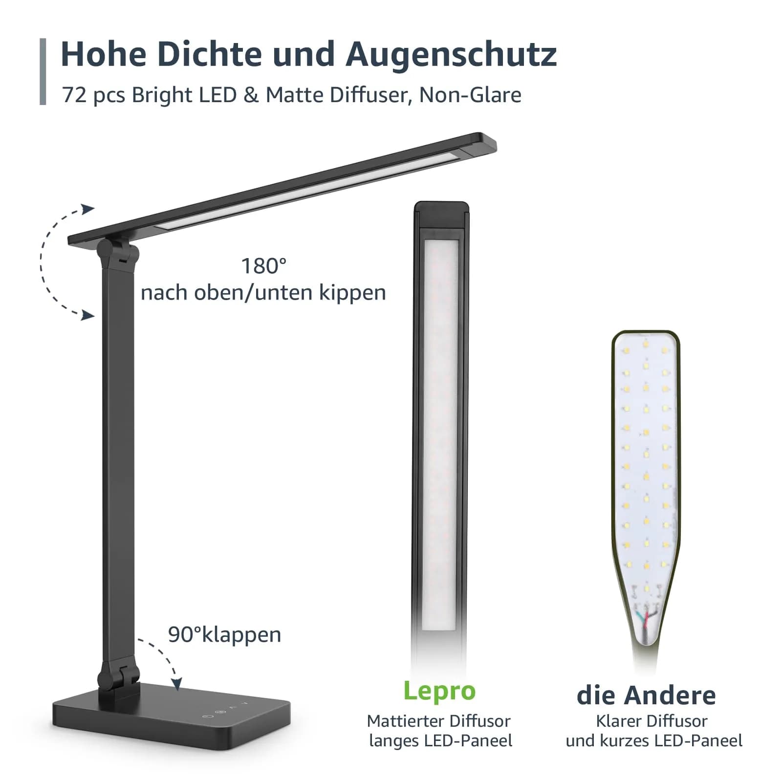 Lepro LED Desk Lamp 9.5W 750LM Black | Modern Touch Control for Home Office, Study, Crafting - view 7