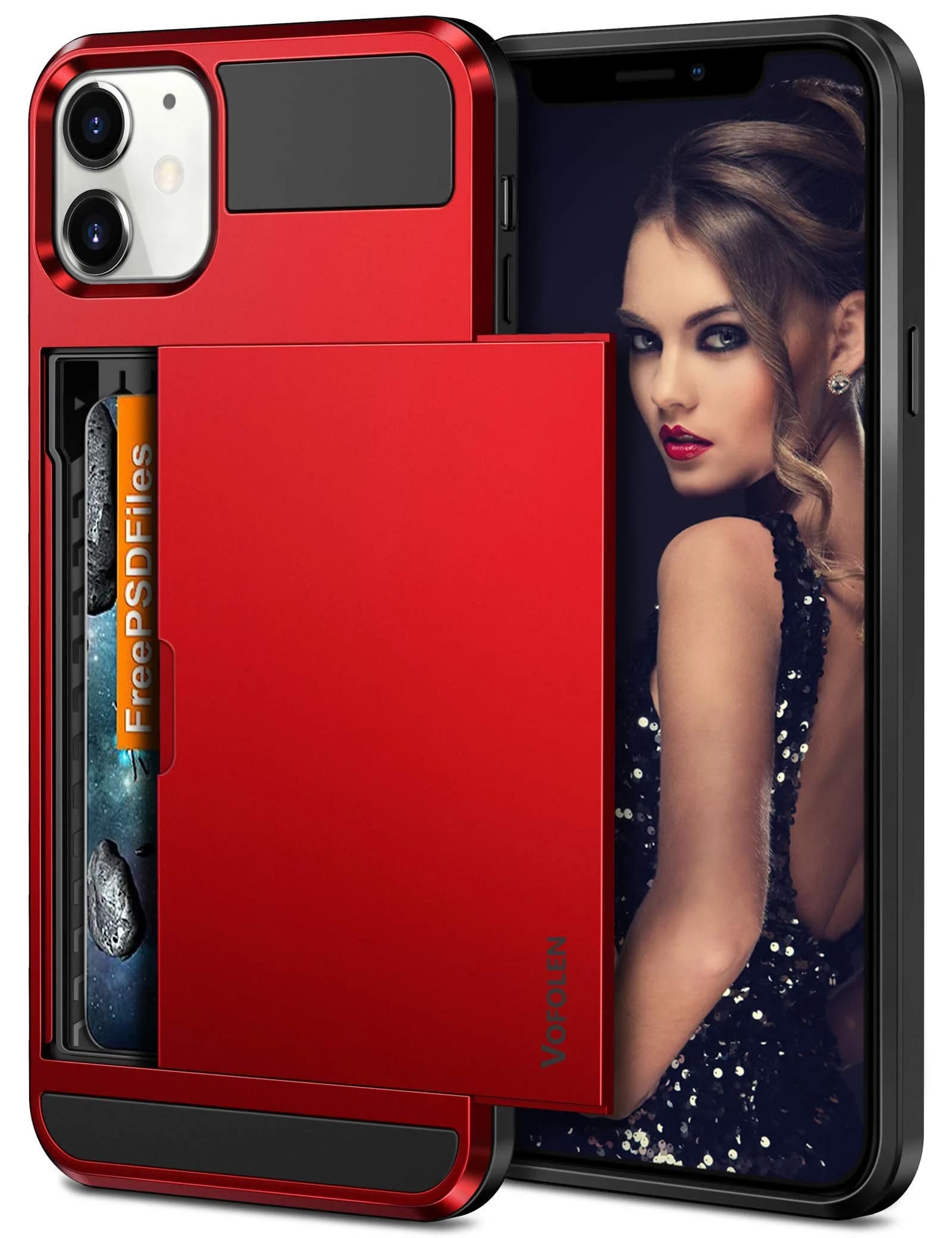 Vofolen Wallet Card Holder Case for iPhone 12 (6.1 inch) | Red Sliding Cover with Hidden Pocket
