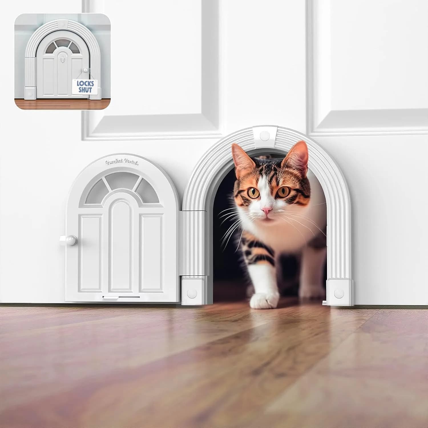 Purrfect Portal Meow Manor Cat Door Interior Door - Pure White, 8.25" (20.95 cm) High | No-Flap Design for Cats Up to 20 lbs (9.07 kg) - main product image