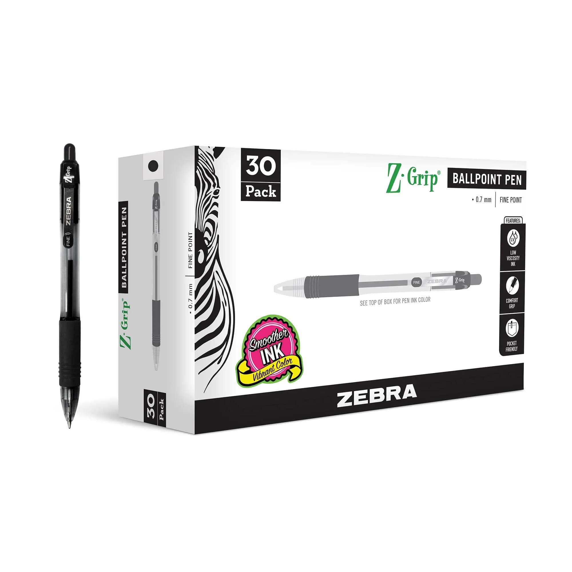 Zebra Pen Z-Grip Retractable Ballpoint Pens, Black Ink, 0.7mm Fine Point, 30-Pack | Smooth Writing for Students & Professionals