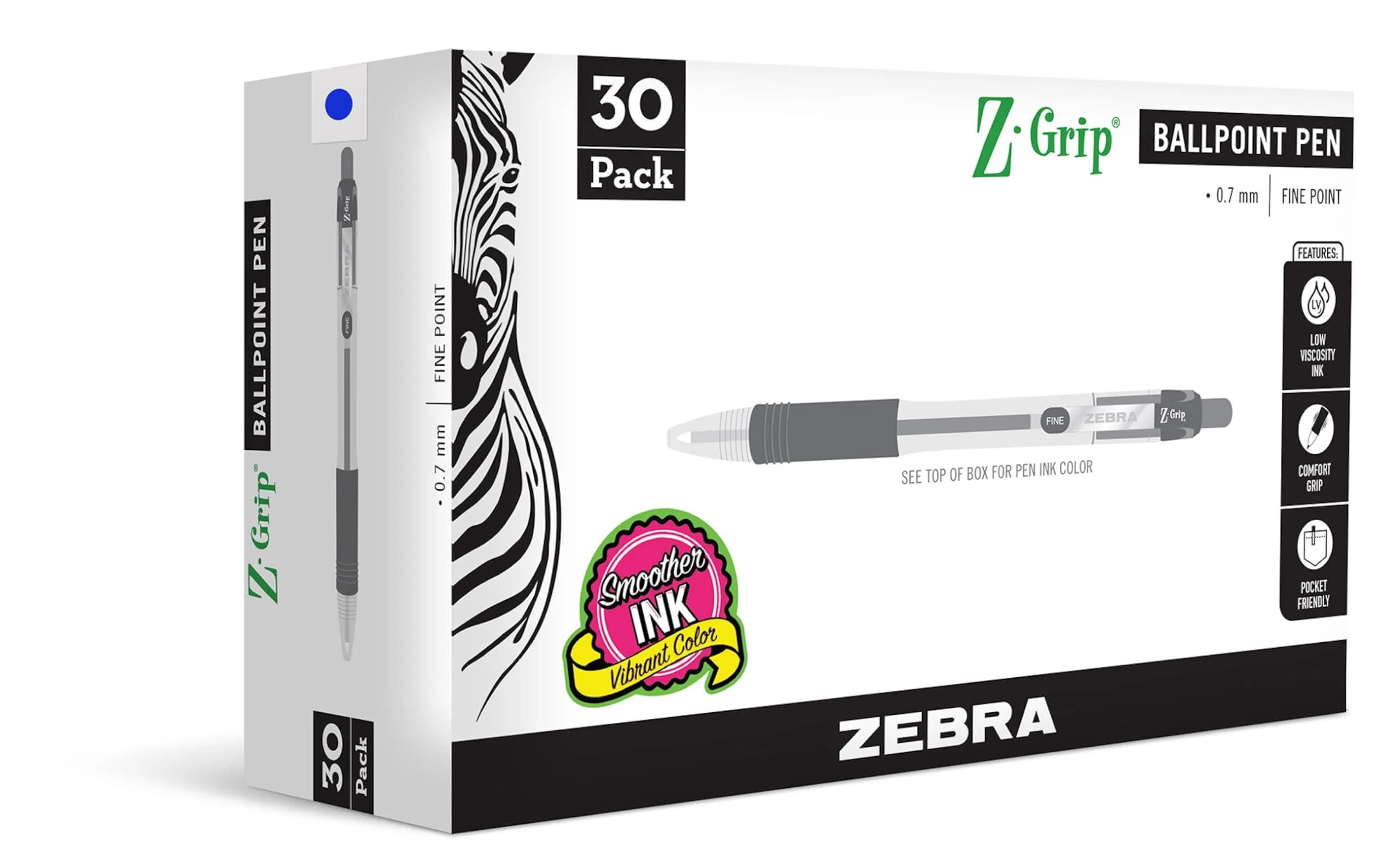 Zebra Pen Z-Grip Retractable Ballpoint Pens, Black Ink, 0.7mm Fine Point, 12-Pack | Smooth Writing for Students & Office — 30-Pack