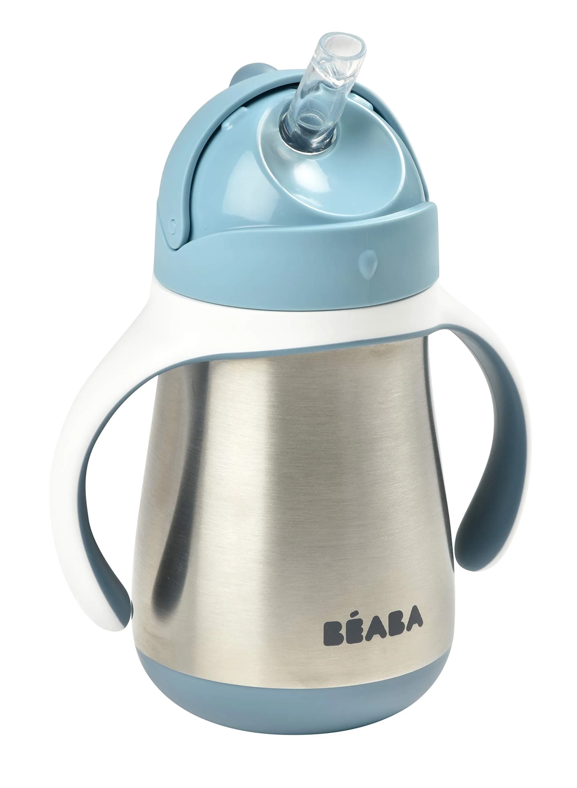 Béaba Stainless Steel Straw Sippy Cup, Insulated Toddler Cups Spill Proof with Removable Handles, 250ml (8.5 oz) | BPA-Free, Leak-Proof — Rain
