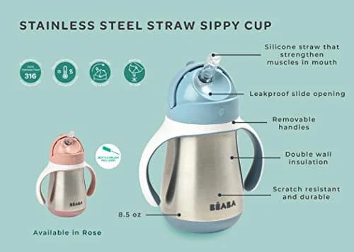 Béaba Stainless Steel Straw Sippy Cup, Insulated Toddler Cup 250ml (8.5 Fl Oz) | Spill-Proof for 8+ Months thumbnail 9