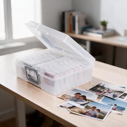 novelinks Photo Storage Box with 16 Inner Containers | Clear Silver Handle, 12" x 14.8" x 5.1" thumbnail 2