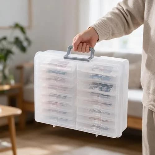 novelinks Photo Storage Box with 16 Inner Containers | Clear Silver Handle, 12" x 14.8" x 5.1" thumbnail 3