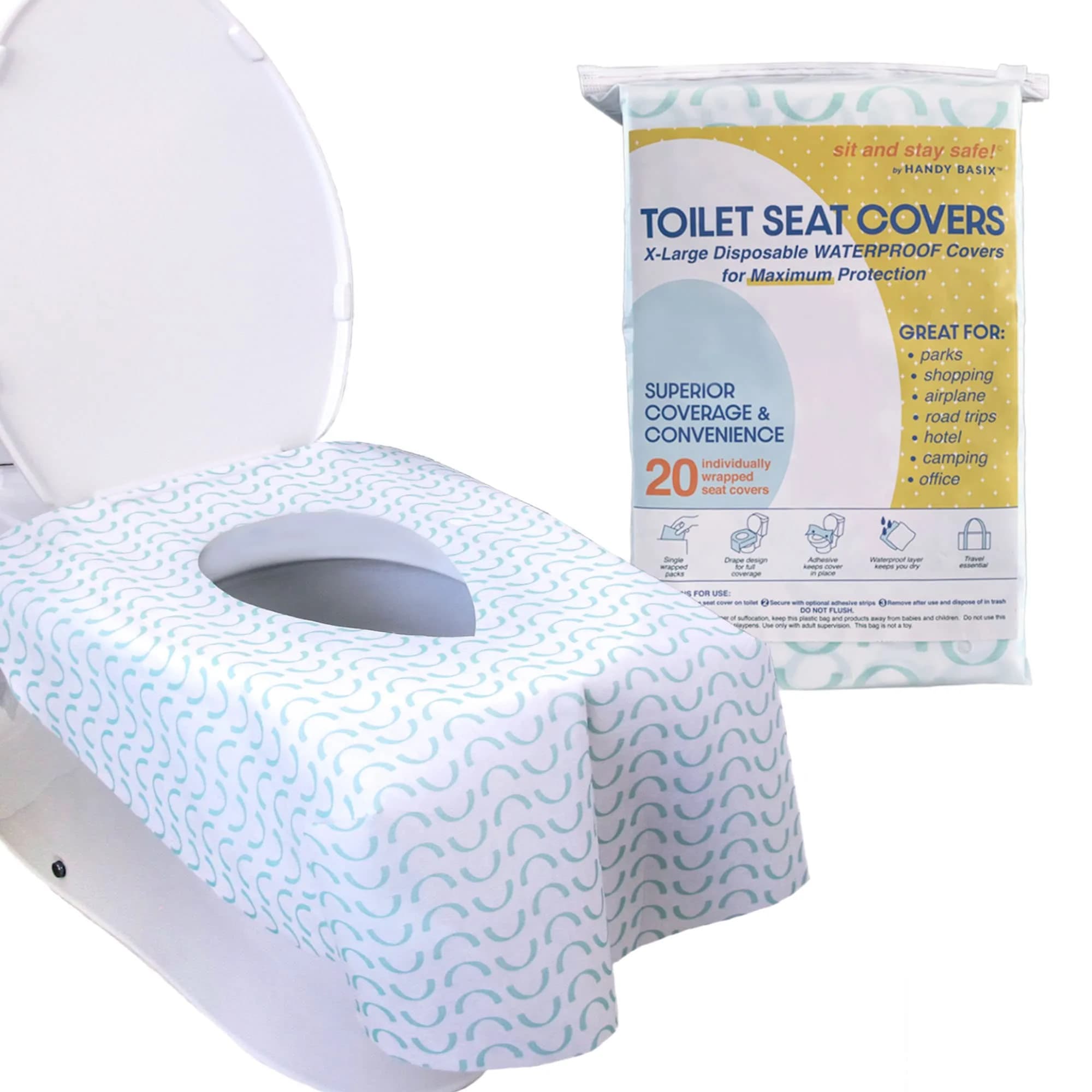 Handy Basix XL Full Coverage Disposable Toilet Seat Covers 20 Pcs | Waterproof & Individually Wrapped — Curves