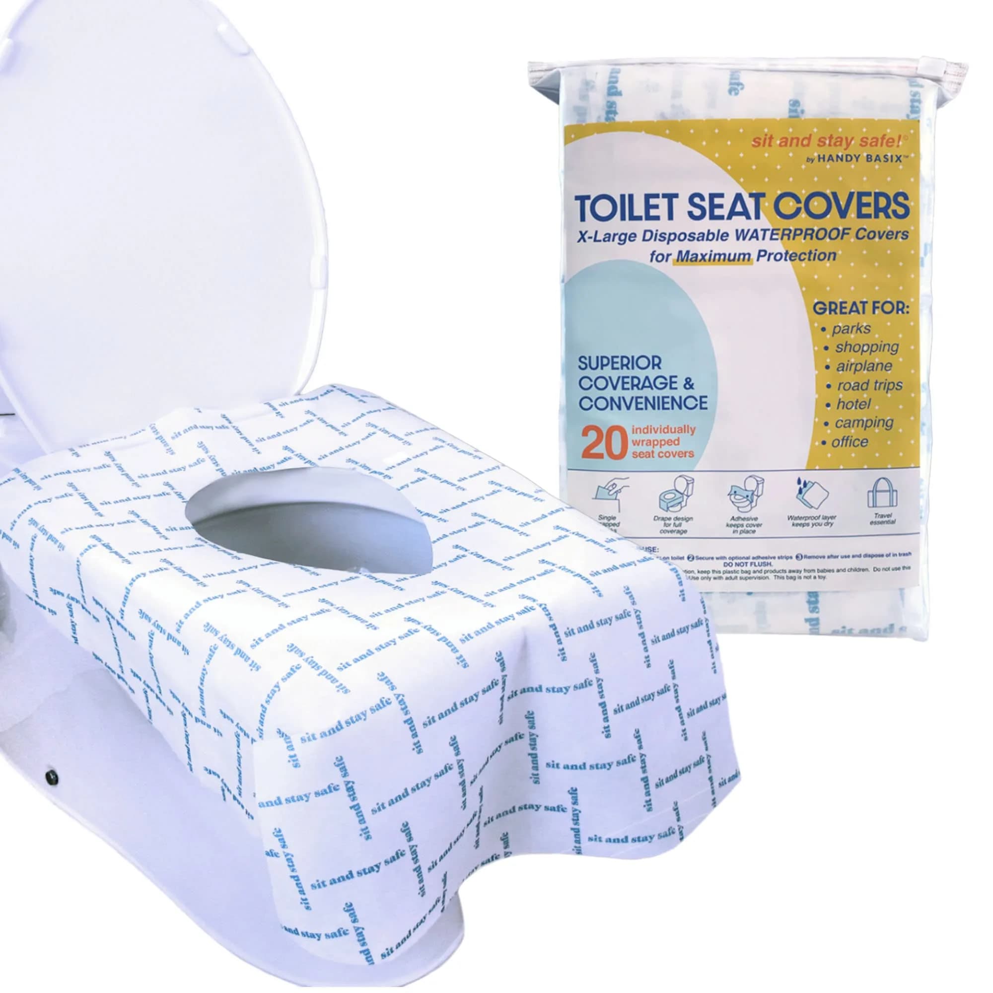 Handy Basix XL Full Coverage Disposable Toilet Seat Covers 20 Pcs | Waterproof & Individually Wrapped — Sit & Stay Safe