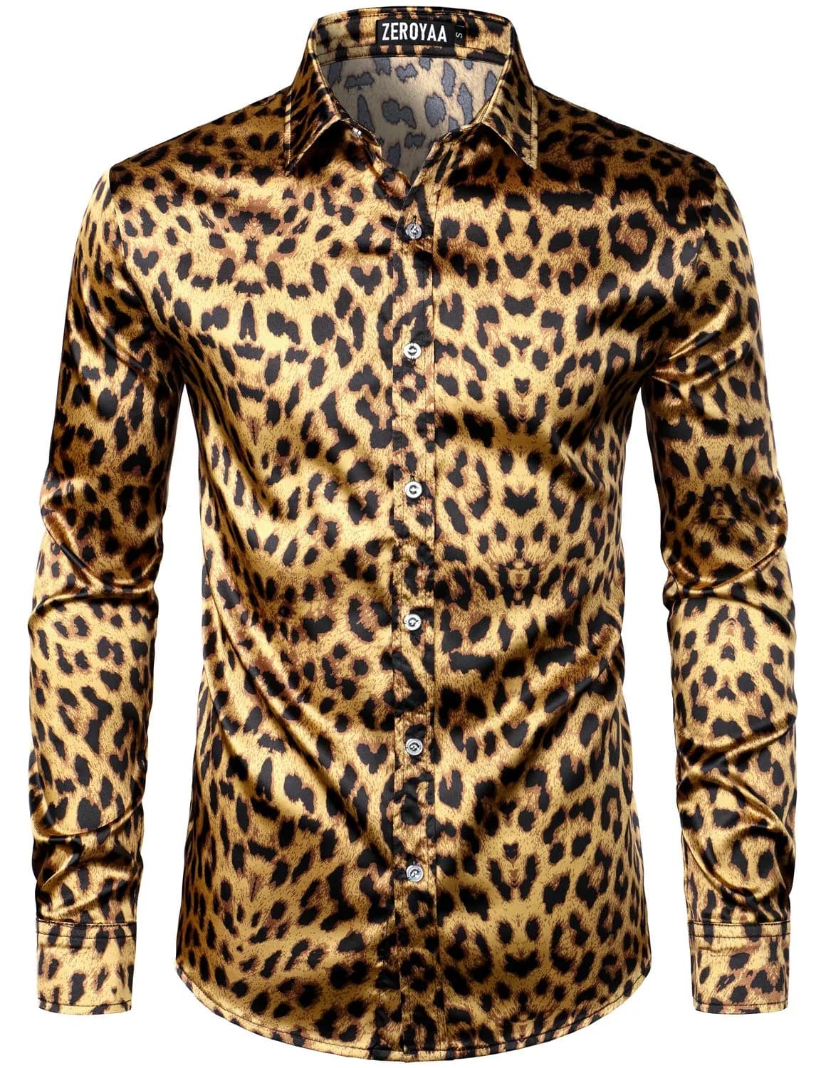 ZEROYAA Men's Slim Fit Leopard Printed Satin Shirt Large | Party & Prom Ready