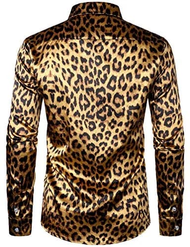 ZEROYAA Men's Slim Fit Leopard Printed Satin Shirt Large | Party & Prom Ready thumbnail 4