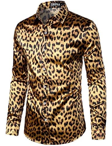 ZEROYAA Men's Slim Fit Leopard Printed Satin Shirt Large | Party & Prom Ready thumbnail 3