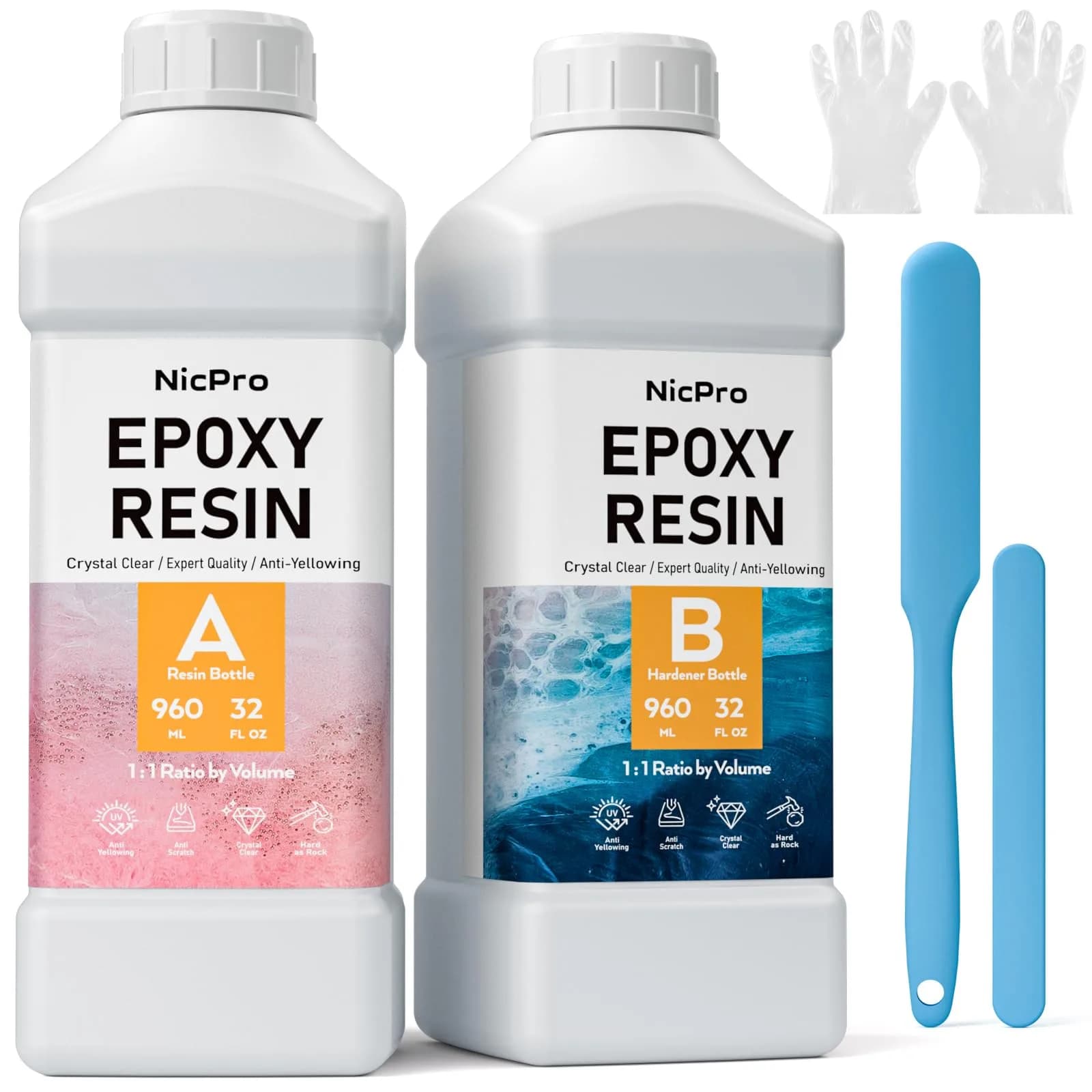 Nicpro 64oz Epoxy Resin Kit | High Gloss & Bubbles Free, Food Safe, 0.5 Gallon (1.89L) | Crystal Clear Finish