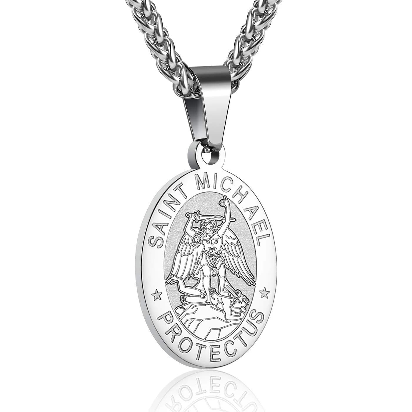 P. BLAKE St. Michael Pendant Necklace for Men & Boys, 27mm x 18mm Stainless Steel Medal with 61cm (24-inch) Wheat Chain | Spiritual Protection Jewelry — Silver