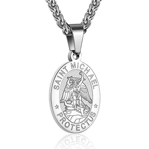 P. BLAKE St. Michael Pendant Necklace for Men & Boys, 27mm x 18mm Stainless Steel Medal with 61cm (24-inch) Wheat Chain | Spiritual Protection Jewelry thumbnail 1