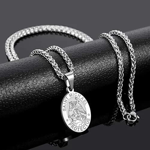 P. BLAKE St. Michael Pendant Necklace for Men & Boys, 27mm x 18mm Stainless Steel Medal with 61cm (24-inch) Wheat Chain | Spiritual Protection Jewelry thumbnail 4