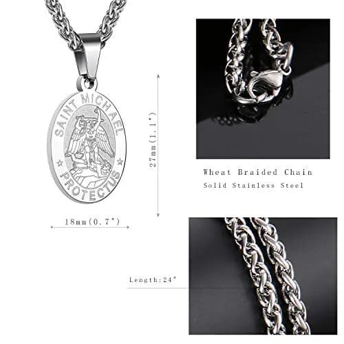 P. BLAKE St. Michael Pendant Necklace for Men & Boys, 27mm x 18mm Stainless Steel Medal with 61cm (24-inch) Wheat Chain | Spiritual Protection Jewelry thumbnail 5