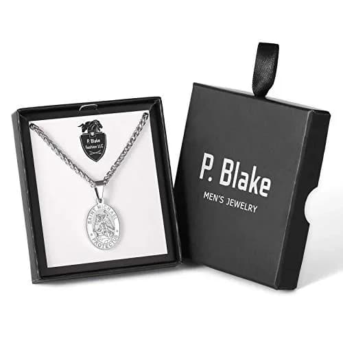 P. BLAKE St. Michael Pendant Necklace for Men & Boys, 27mm x 18mm Stainless Steel Medal with 61cm (24-inch) Wheat Chain | Spiritual Protection Jewelry thumbnail 6