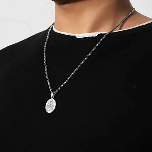 P. BLAKE St. Michael Pendant Necklace for Men & Boys, 27mm x 18mm Stainless Steel Medal with 61cm (24-inch) Wheat Chain | Spiritual Protection Jewelry thumbnail 2