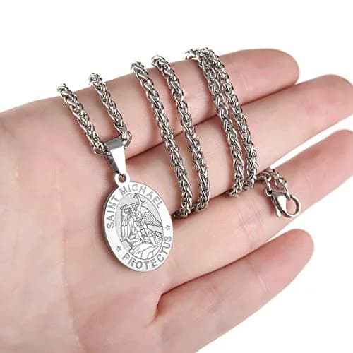 P. BLAKE St. Michael Pendant Necklace for Men & Boys, 27mm x 18mm Stainless Steel Medal with 61cm (24-inch) Wheat Chain | Spiritual Protection Jewelry thumbnail 3