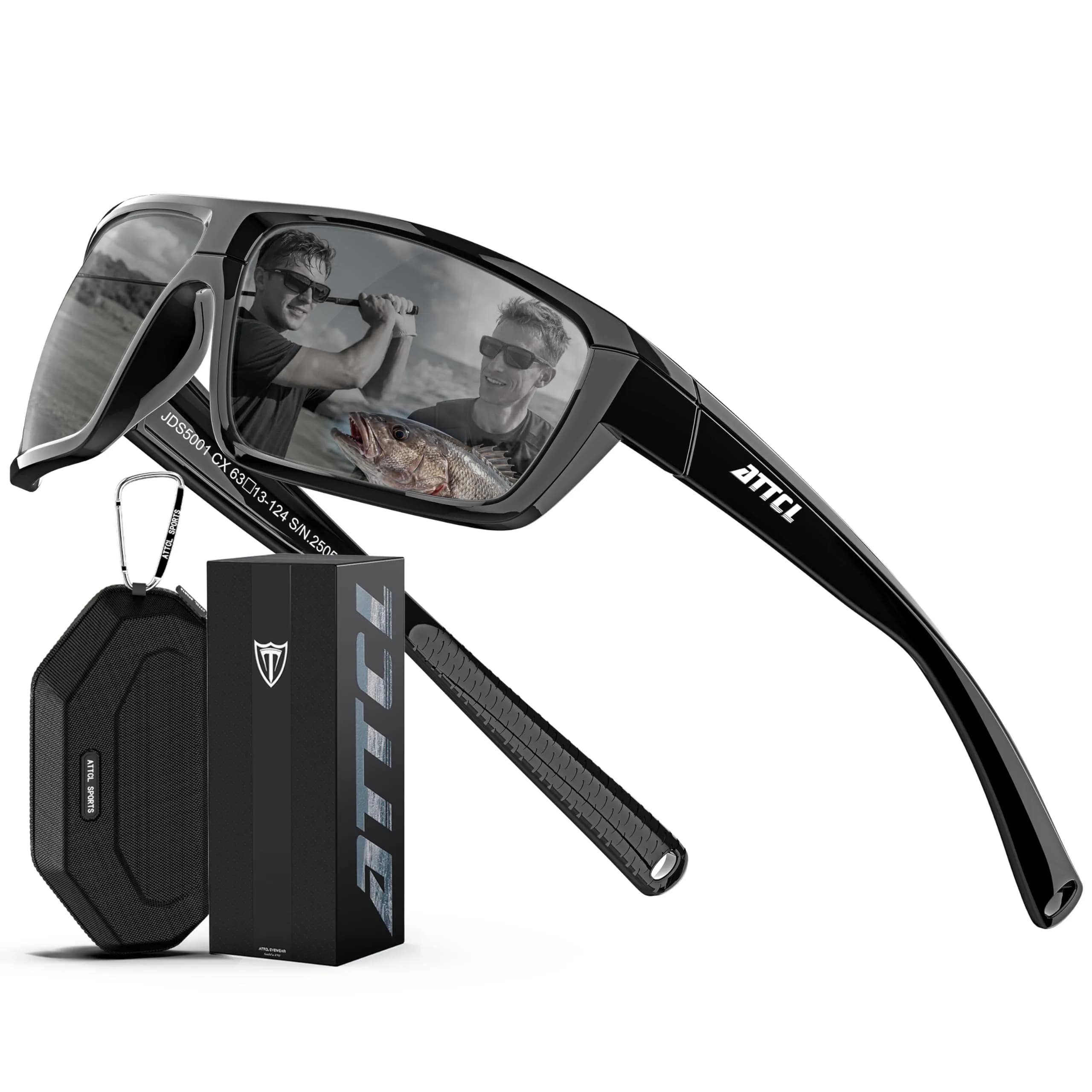 ATTCL Polarized Sunglasses Men TR90 Wrap Around UV400 Fishing Sports Rectangular 63mm Lens Width — 2026-luxury-black-black /Not Mirrored