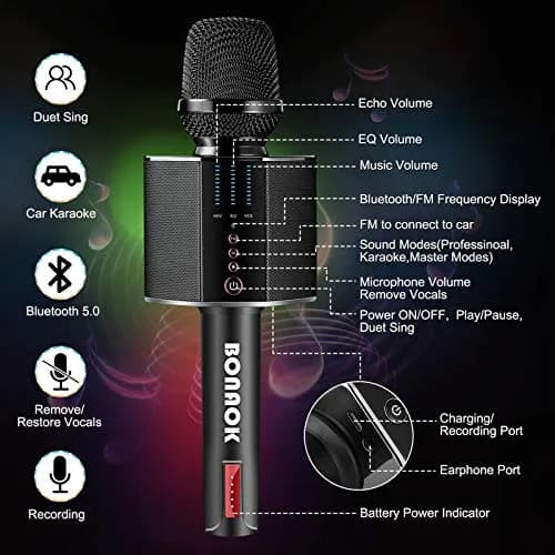 BONAOK G50 Wireless Bluetooth Karaoke Microphone with 26W Stereo Speakers, Rechargeable Mic for PC/Smartphone, Black | Dual Karaoke Functionality thumbnail 6