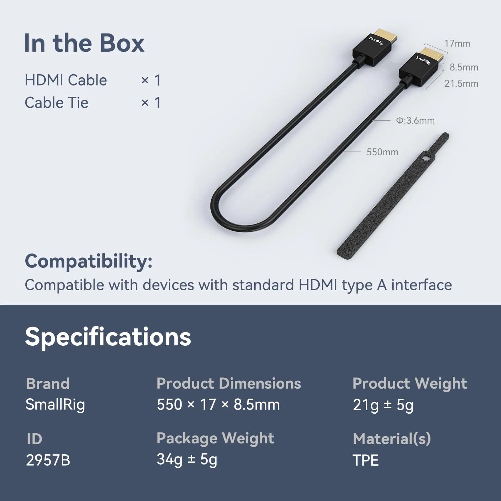 SmallRig Ultra-Slim HDMI Cable 55cm (1.8ft) | 4K@60Hz High Speed Data Transfer - view 7