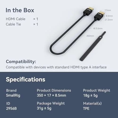 SMALLRIG Ultra-Slim HDMI Cable 35cm (1.15ft) | 4K@60Hz HDMI 2.0 Cord for Cameras, Monitors, Gimbals thumbnail 7